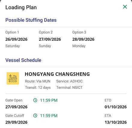 Reefer container loading plan with gate open, cut-off and vessel ETD