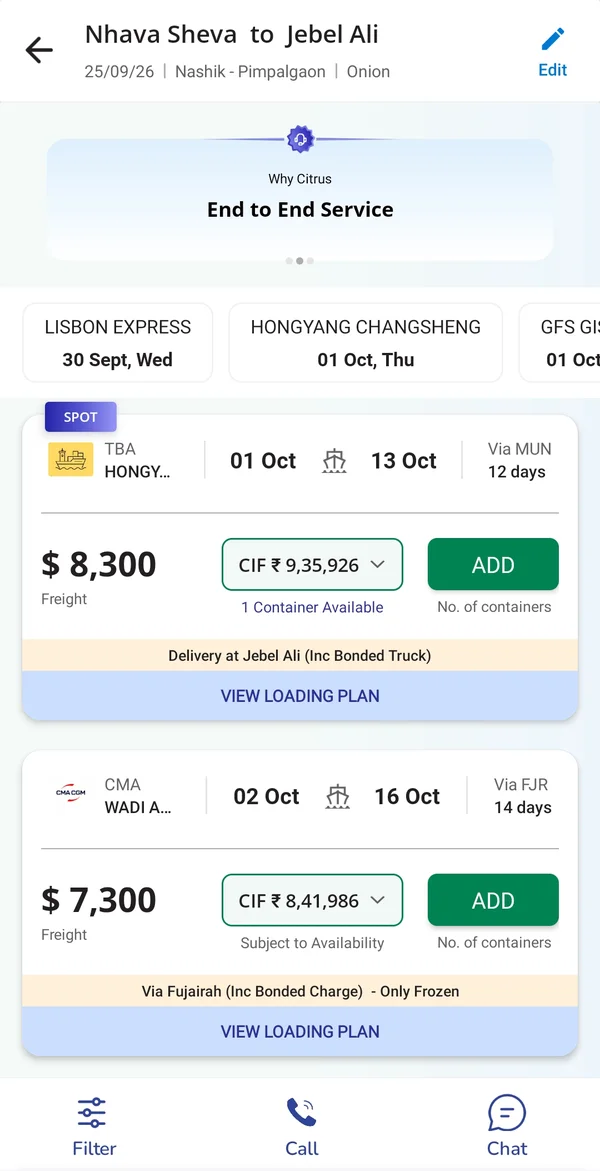 Citrus App showing reefer container freight rates from shipping lines